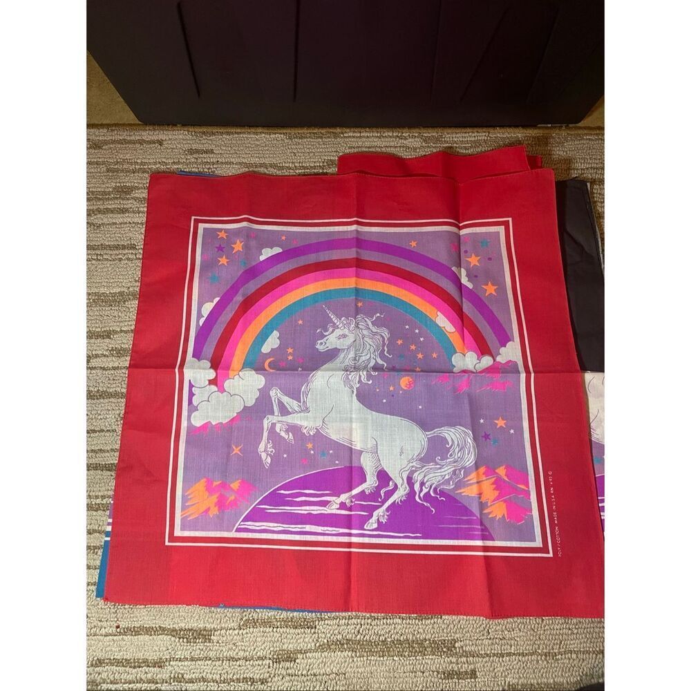 Vintage 80’s Unicorn handkerchief Bandana Stars Rainbow Scarf Mask Curtain USA l